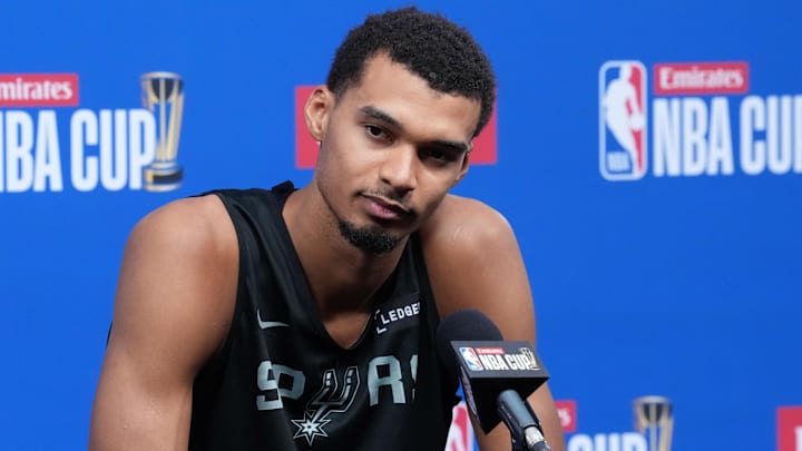 Dec 12, 2025; Las Vegas, NV, USA; San Antonio Spurs forward Victor Wembanyama (1) at a press conference prior to the Emirates Cup semifinals at T-Mobile Arena. Mandatory Credit: Kirby Lee-Imagn Images Dec 12, 2025; Las Vegas, NV, USA; San Antonio Spurs forward Victor Wembanyama (1) at a press conference prior to the Emirates Cup semifinals at T-Mobile Arena. Mandatory Credit: Kirby Lee-Imagn Images