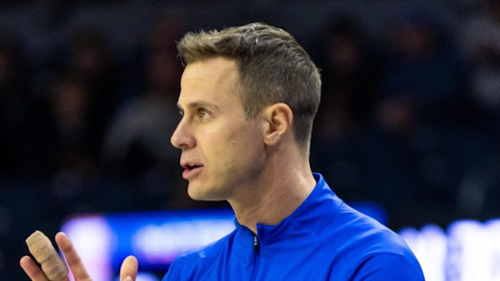 Feb 24, 2026; South Bend, Indiana, USA; Duke Blue Devils head coach Jon Scheyer claps against the Notre Dame Fighting Irish during the second half at Purcell Pavilion at the Joyce Center. Mandatory Credit: Michael Caterina-Imagn Images