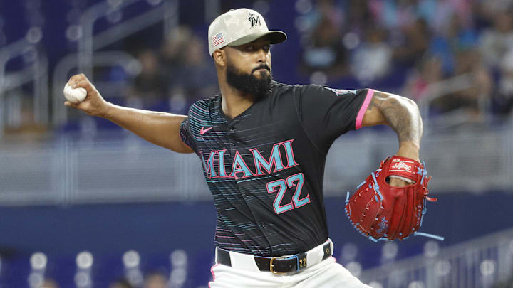 May 17, 2025; Miami, Florida, USA;  Miami Marlins starting pitcher Sandy Alcantara (22) pitches against the Tampa Bay Rays during the first inning at loanDepot Park. Mandatory Credit: Rhona Wise-Imagn Images