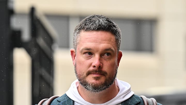 Nov 8, 2025; Iowa City, Iowa, USA; Oregon Ducks head coach Dan Lanning enters Kinnick Stadium before the game against the Iowa Hawkeyes. Mandatory Credit: Jeffrey Becker-Imagn Images