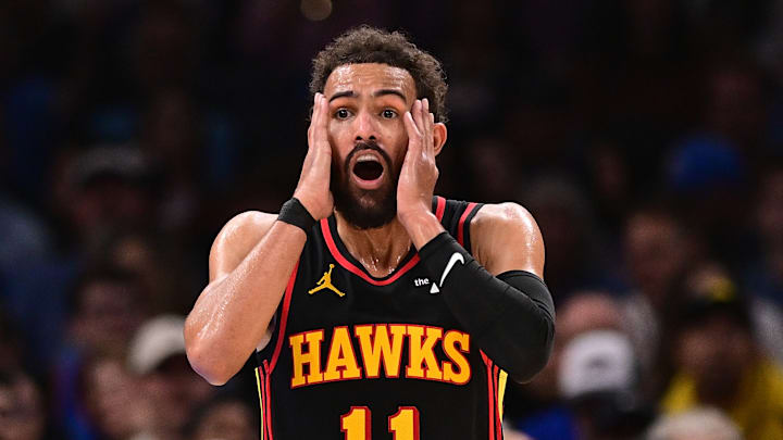 Trae Young #11 of the Atlanta Hawks reacts versus the Oklahoma City Thunder