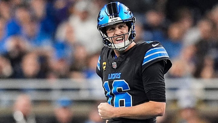 Detroit Lions quarterback Jared Goff (16) reacts after failing to convert a fourth down against the Minnesota Vikings during the first half at Ford Field in Detroit on Sunday, Jan. 5, 2025.