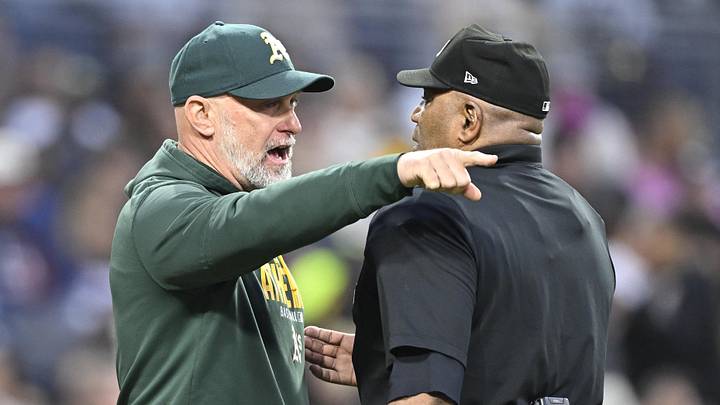 May 23, 2026; San Diego, California, USA; Athletics manager Mark Kotsay argues a call with umpire Laz Diaz during the third inning against the San Diego Padres at Petco Park. Mandatory Credit: Denis Poroy-Imagn Images May 23, 2026; San Diego, California, USA; Athletics manager Mark Kotsay argues a call with umpire Laz Diaz during the third inning against the San Diego Padres at Petco Park. Mandatory Credit: Denis Poroy-Imagn Images