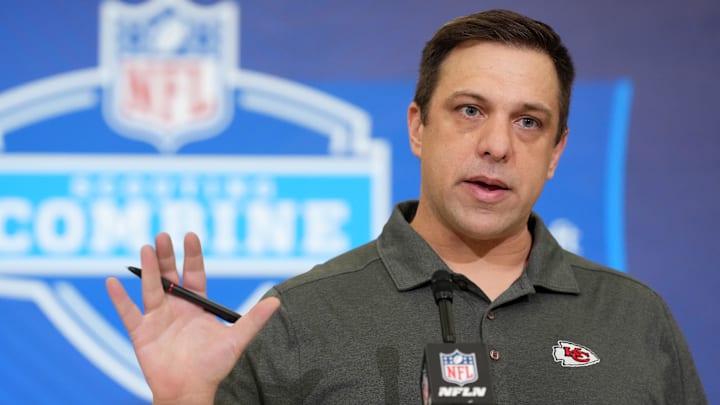 Feb 24, 2026; Indianapolis, IN, USA; Kansas City Chiefs general manager Brett Veach speaks at the NFL Scouting Combine at the Indiana Convention Center. Mandatory Credit: Kirby Lee-Imagn Images