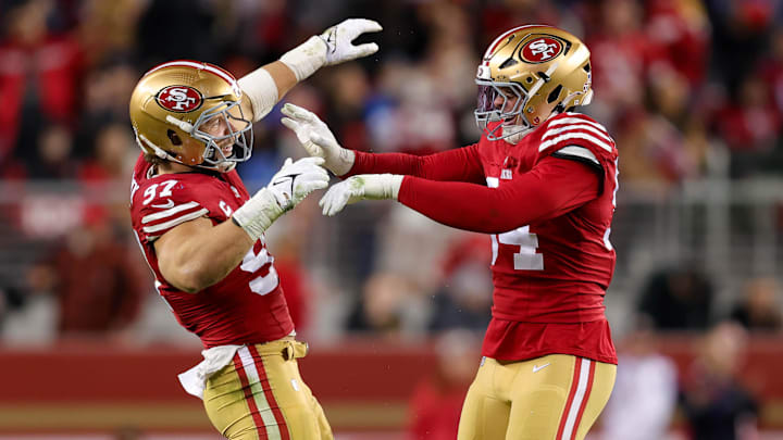 Dec 30, 2024; Santa Clara, California, USA; San Francisco 49ers defensive end Nick Bosa (97) and defensive end Yetur Gross-Matos (94) during the game against the Detroit Lions at Levi's Stadium. Mandatory Credit: Sergio Estrada-Imagn Images