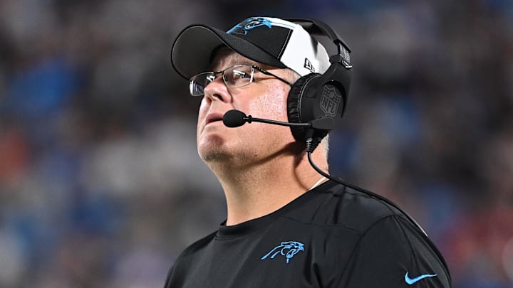 Sep 18, 2023; Charlotte, North Carolina, USA; Carolina Panthers offensive line coach James Campen in the second quarter at Bank of America Stadium. Mandatory Credit: Bob Donnan-Imagn Images Sep 18, 2023; Charlotte, North Carolina, USA; Carolina Panthers offensive line coach James Campen in the second quarter at Bank of America Stadium. Mandatory Credit: Bob Donnan-Imagn Images