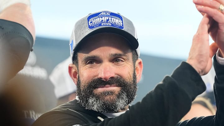 Dec 6, 2025; Charlotte, NC, USA; Duke Blue Devils head coach Manny Diaz celebrates defeating the Virginia Cavaliers during the 2025 ACC Championship game at Bank of America Stadium. Mandatory Credit: Jim Dedmon-Imagn Images