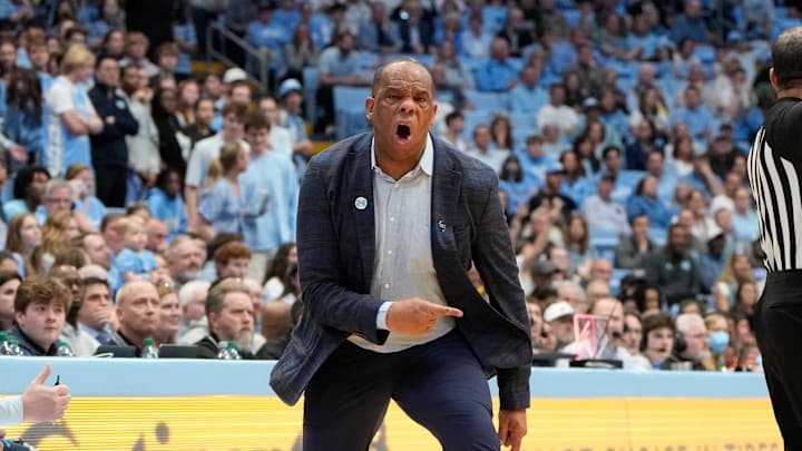 Mar 1, 2025; Chapel Hill, North Carolina, USA; North Carolina Tar Heels head coach Hubert Davis reacts in the first half at Dean E. Smith Center. Mandatory Credit: Bob Donnan-Imagn Images Mar 1, 2025; Chapel Hill, North Carolina, USA; North Carolina Tar Heels head coach Hubert Davis reacts in the first half at Dean E. Smith Center. Mandatory Credit: Bob Donnan-Imagn Images