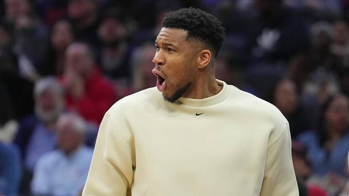 Apr 12, 2026; Philadelphia, Pennsylvania, USA; Milwaukee Bucks forward Giannis Antetokounmpo reacts during the game against the Philadelphia 76ers at Xfinity Mobile Arena. Mandatory Credit: Kyle Ross-Imagn Images Apr 12, 2026; Philadelphia, Pennsylvania, USA; Milwaukee Bucks forward Giannis Antetokounmpo reacts during the game against the Philadelphia 76ers at Xfinity Mobile Arena. Mandatory Credit: Kyle Ross-Imagn Images
