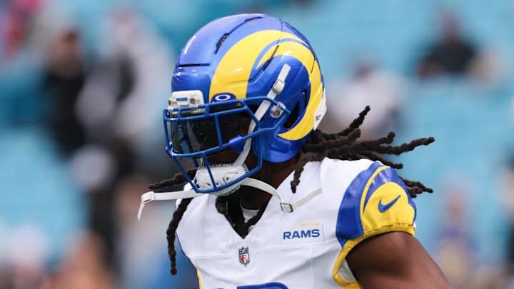 Nov 30, 2025; Charlotte, North Carolina, USA; Los Angeles Rams wide receiver Davante Adams (17) warms up before the game against the Carolina Panthers at Bank of America Stadium. Mandatory Credit: Scott Kinser-Imagn Images