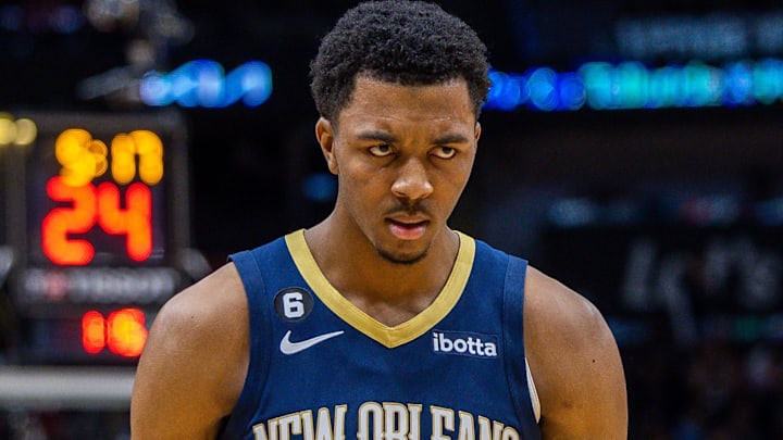 Apr 5, 2023; New Orleans, Louisiana, USA; New Orleans Pelicans guard Trey Murphy III (25) reacts to making a three point basket against the Memphis Grizzlies during the second half at Smoothie King Center. Mandatory Credit: Stephen Lew-Imagn Images Apr 5, 2023; New Orleans, Louisiana, USA; New Orleans Pelicans guard Trey Murphy III (25) reacts to making a three point basket against the Memphis Grizzlies during the second half at Smoothie King Center. Mandatory Credit: Stephen Lew-Imagn Images