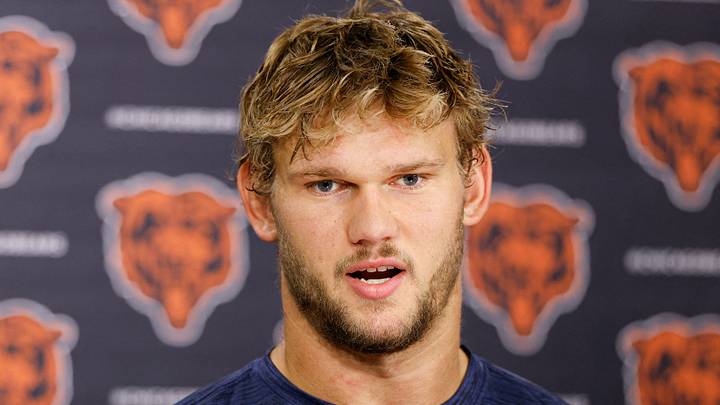 May 8, 2026; Lake Forest, IL, USA; Chicago Bears tight end Sam Roush (87) speaks during Rookie Minicamp at Halas Hall. Mandatory Credit: Kamil Krzaczynski-Imagn Images