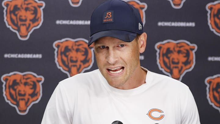 Chicago Bears head coach Ben Johnson addresses the media at Halas Hall before joint training camp practice with the Buffalo Bills ahead of Sunday's preseason game.