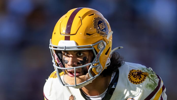 Oct 18, 2025; Tempe, Arizona, USA; Arizona State Sun Devils wide receiver Jordyn Tyson (0) against the Texas Tech Red Raiders at Mountain America Stadium. Mandatory Credit: Mark J. Rebilas-Imagn Images