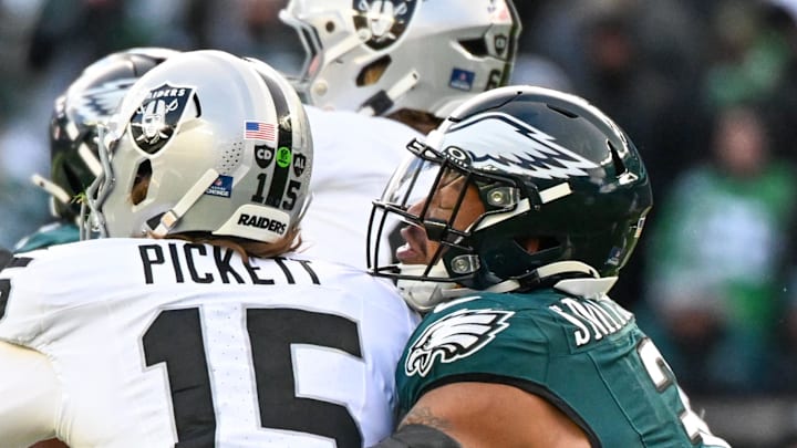 Dec 14, 2025; Philadelphia, Pennsylvania, USA; Las Vegas Raiders quarterback Kenny Pickett (15) is sacked by Philadelphia Eagles linebacker Nolan Smith Jr. (3) during the third quarter at Lincoln Financial Field. Mandatory Credit: Eric Hartline-Imagn Images Dec 14, 2025; Philadelphia, Pennsylvania, USA; Las Vegas Raiders quarterback Kenny Pickett (15) is sacked by Philadelphia Eagles linebacker Nolan Smith Jr. (3) during the third quarter at Lincoln Financial Field. Mandatory Credit: Eric Hartline-Imagn Images