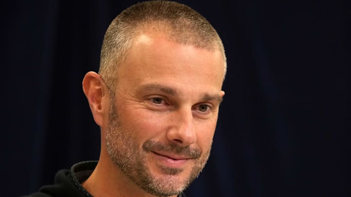 Feb 25, 2025; Indianapolis, IN, USA; Las Vegas Raiders general manager John Spytek speaks during the NFL Scouting Combine at the Indiana Convention Center. Mandatory Credit: Kirby Lee-Imagn Images