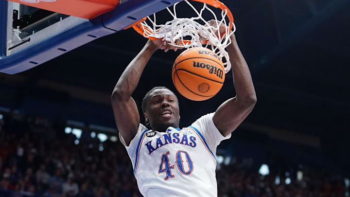 Kansas Jayhawks forward Flory Bidunga (40) dunks the ball against BYU Cougars at Allen Fieldhouse on Jan. 31, 2026. Kansas Jayhawks forward Flory Bidunga (40) dunks the ball against BYU Cougars at Allen Fieldhouse on Jan. 31, 2026.