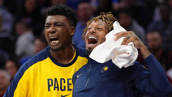 Mar 14, 2025; Philadelphia, Pennsylvania, USA; Indiana Pacers forward James Johnson (16) reacts with center Thomas Bryant (3) against the Philadelphia 76ers in the fourth quarter at Wells Fargo Center. Mandatory Credit: Kyle Ross-Imagn Images Mar 14, 2025; Philadelphia, Pennsylvania, USA; Indiana Pacers forward James Johnson (16) reacts with center Thomas Bryant (3) against the Philadelphia 76ers in the fourth quarter at Wells Fargo Center. Mandatory Credit: Kyle Ross-Imagn Images