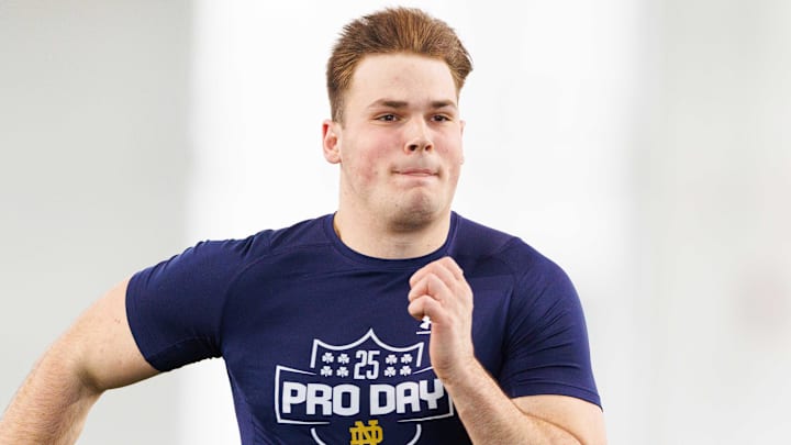 Tight end Mitchell Evans runs the 40-yard dash during Notre Dame football's Pro Day at Irish Athletic Center on Thursday, March 27, 2025, in South Bend.