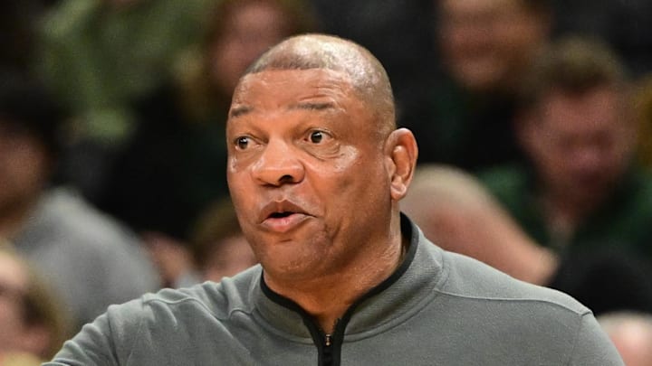 Milwaukee Bucks head coach Doc Rivers reacts against the Toronto Raptors at Fiserv Forum on February 22, 2026. Milwaukee Bucks head coach Doc Rivers reacts against the Toronto Raptors at Fiserv Forum on February 22, 2026.