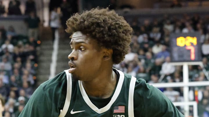 Michigan State's Coen Carr looks aware while playing defense against Northwestern at the Breslin Center on Thursday, Jan. 8, 2026.