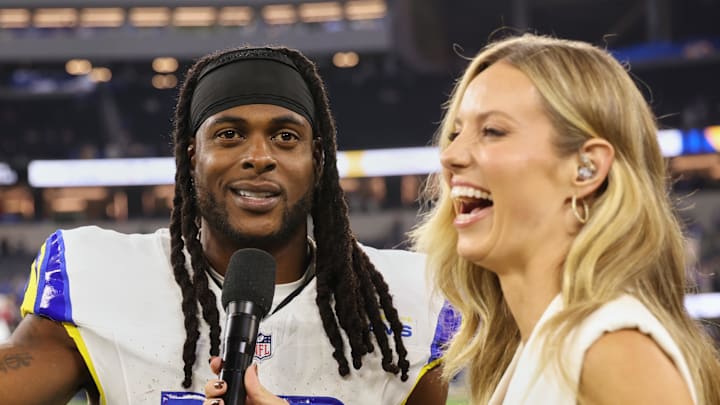 Nov 23, 2025; Inglewood, California, USA; Los Angeles Rams wide receiver Davante Adams (17) stands on the field for an interview after the game against the Tampa Bay Buccaneers at SoFi Stadium. Mandatory Credit: Kiyoshi Mio-Imagn Images