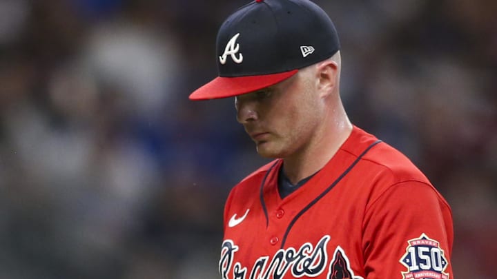 Jun 4, 2021; Atlanta, Georgia, USA;  Former Atlanta Braves relief pitcher Sean Newcomb (15) reacts after being pulled from a game against the Los Angeles Dodgers in the fifth inning at Truist Park.