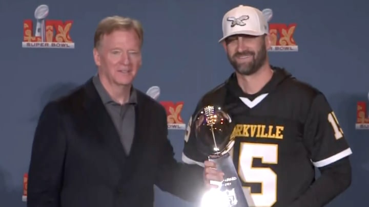Roger Goodell and Philadelphia Eagles coach Nick Sirianni with the Lombardi Trophy at the Eagles' Monday morning press conference after winning Super Bowl LIX.
