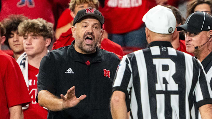 Sep 20, 2024; Lincoln, Nebraska, USA; Nebraska Cornhuskers head coach Matt Rhule talks with officials after an interception during the second quarter against the Illinois Fighting Illini at Memorial Stadium. Sep 20, 2024; Lincoln, Nebraska, USA; Nebraska Cornhuskers head coach Matt Rhule talks with officials after an interception during the second quarter against the Illinois Fighting Illini at Memorial Stadium.