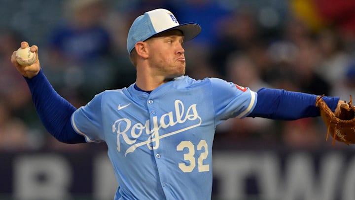 Sep 24, 2025; Anaheim, California, USA;  Kansas City Royals starting pitcher Stephen Kolek (32) delivers during the first inning against the Los Angeles Angels at Angel Stadium. Mandatory Credit: Jayne Kamin-Oncea-Imagn Images