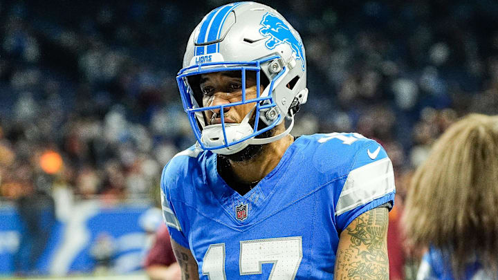 Detroit Lions wide receiver Tim Patrick (17) walks off the field after a 45-31 loss to the Washington Commanders at the NFC divisional round at Ford Field in Detroit on Saturday, Jan. 18, 2025.