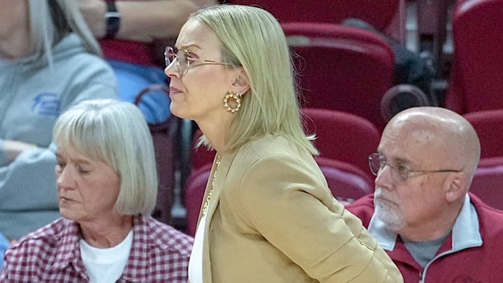 Arkansas Razorbacks coach Kelsi Musick on the sidelines during game against Southeastern Louisiana at Bud Walton Arena in Fayetteville, Ark. Arkansas Razorbacks coach Kelsi Musick on the sidelines during game against Southeastern Louisiana at Bud Walton Arena in Fayetteville, Ark.