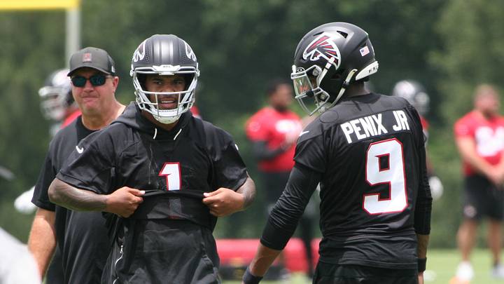 Tua Tagovailoa and Michael Penix Jr. working together at Atlanta Falcons OTAs. Tua Tagovailoa and Michael Penix Jr. working together at Atlanta Falcons OTAs.