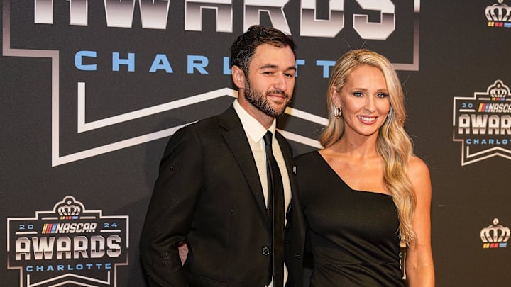Nov 22, 2024; Charlotte, NC, USA; NASCAR Cup Series driver Chase Elliott (9) and his guest Ashley Anderson during the NASCAR Awards Banquet at Charlotte Convention Center.