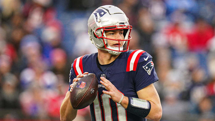 Dec 28, 2024; Foxborough, Massachusetts, USA; New England Patriots quarterback Drake Maye (10) looks to pass the ball against the Los Angeles Chargers in the second half at Gillette Stadium. Mandatory Credit: David Butler II-Imagn Images