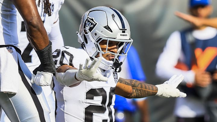 Nov 3, 2024; Cincinnati, Ohio, USA; Las Vegas Raiders safety Isaiah Pola-Mao (20) reacts after breaking up a pass intended for Cincinnati Bengals wide receiver Trenton Irwin (16) in the first half at Paycor Stadium. Mandatory Credit: Katie Stratman-Imagn Images