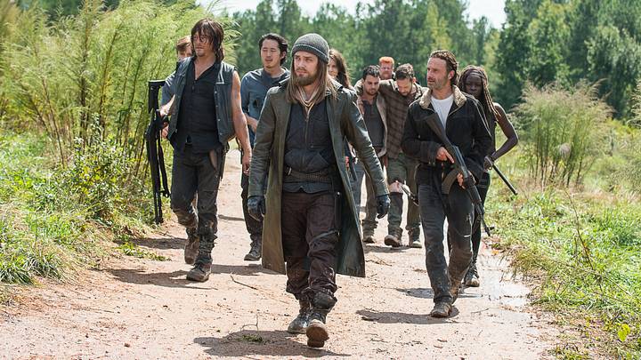 Steven Yeun as Glenn Rhee, Danai Gurira as Michonne, Michael Cudlitz as Abraham, Andrew Lincoln as Rick Grimes, Lauren Cohan as Maggie Greene, Norman Reedus as Daryl Dixon, and Tom Payne as Jesus in The Walking Dead Season 6, Episode 11 Steven Yeun as Glenn Rhee, Danai Gurira as Michonne, Michael Cudlitz as Abraham, Andrew Lincoln as Rick Grimes, Lauren Cohan as Maggie Greene, Norman Reedus as Daryl Dixon, and Tom Payne as Jesus in The Walking Dead Season 6, Episode 11
