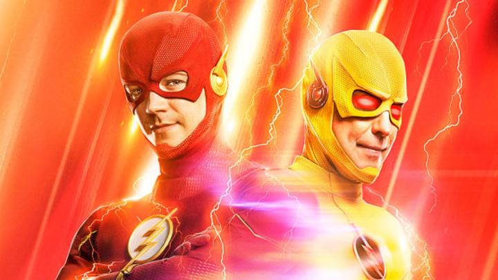 Grant Gustin as The Flash and Tom Cavanagh as Reverse Flash in The Flash season 8. 