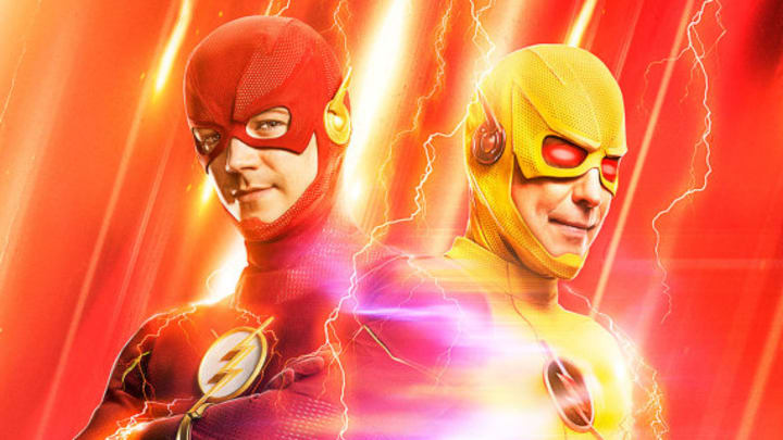 Grant Gustin as The Flash and Tom Cavanagh as Reverse Flash in The Flash season 8. 