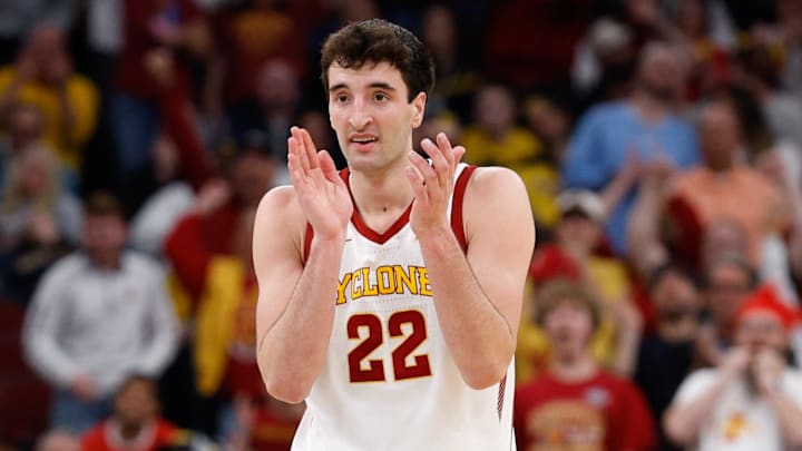 Mar 27, 2026; Chicago, IL, USA; Iowa State Cyclones forward Milan Momcilovic (22) reacts in the first half against the Tennessee Volunteers during a Sweet Sixteen game of the Midwest Regional of the men's 2026 NCAA Tournament at United Center. Mandatory Credit: Kamil Krzaczynski-Imagn Images