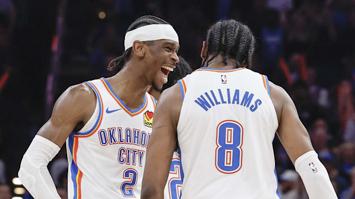 Mar 14, 2024; Oklahoma City, Oklahoma, USA; Oklahoma City Thunder guard Shai Gilgeous-Alexander (2) celebrates with forward Jalen Williams (8) after he dunked against the Dallas Mavericks during the second half at Paycom Center. Mandatory Credit: Alonzo Adams-Imagn Images Mar 14, 2024; Oklahoma City, Oklahoma, USA; Oklahoma City Thunder guard Shai Gilgeous-Alexander (2) celebrates with forward Jalen Williams (8) after he dunked against the Dallas Mavericks during the second half at Paycom Center. Mandatory Credit: Alonzo Adams-Imagn Images