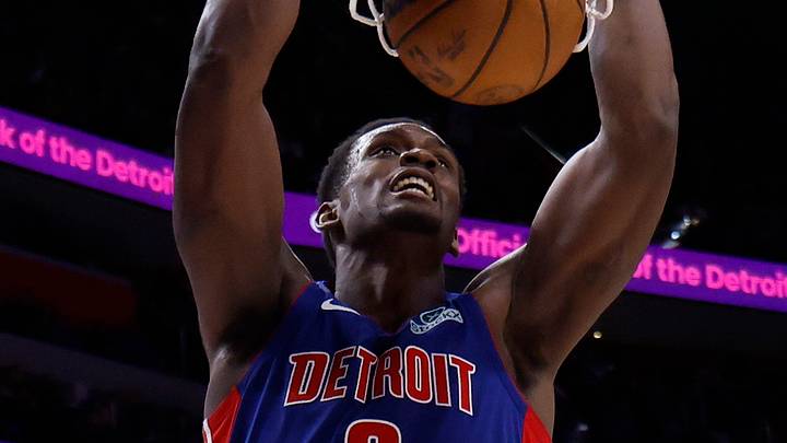 May 13, 2026; Detroit, Michigan, USA; Detroit Pistons center Jalen Duren (0) dunks in the second half against the Cleveland Cavaliers during game five of the second round of the 2026 NBA Playoffs at Little Caesars Arena. Mandatory Credit: Rick Osentoski-Imagn Images
