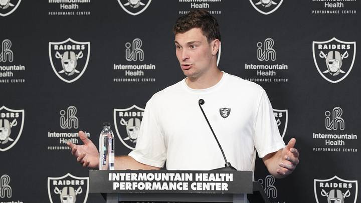 May 2, 2026; Henderson, NV, USA;  Las Vegas Raiders quarterback Fernando Mendoza (15) speaks during a news conference at the team’s Rookie Minicamp at Intermountain Health Performance Center. 