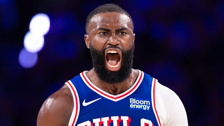 Oct 22, 2026; Philadelphia, Pennsylvania, USA; Philadelphia 76ers guard Jaylen Brown (7) reacts after a score against the Cleveland Cavaliers during the fourth quarter at Xfinity Mobile Arena. Mandatory Credit: Bill Streicher-Imagn Images