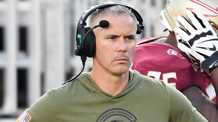 Nov 2, 2024; Tallahassee, Florida, USA; Florida State Seminoles head coach Mike Norvell looks on from the sideline after the North Carolina Tarheels score a final touchdown in the fourth quarter at Doak S. Campbell Stadium. Mandatory Credit: Robert Myers-Imagn Images