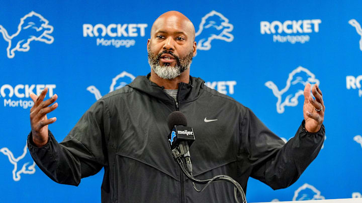 Detroit Lions Executive Vice President & General Manager Brad Holmes speaks to the press about 2024 season