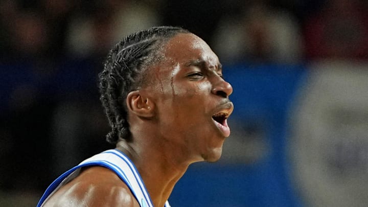 Mar 21, 2026; Greenville, SC, USA; Duke Blue Devils guard Dame Sarr (7) reacts after a play during the second half against the Texas Christian University Horned Frogs during a second round game of the men's 2026 NCAA Tournament at Bon Secours Wellness Arena. Mandatory Credit: Bob Donnan-Imagn Images Mar 21, 2026; Greenville, SC, USA; Duke Blue Devils guard Dame Sarr (7) reacts after a play during the second half against the Texas Christian University Horned Frogs during a second round game of the men's 2026 NCAA Tournament at Bon Secours Wellness Arena. Mandatory Credit: Bob Donnan-Imagn Images