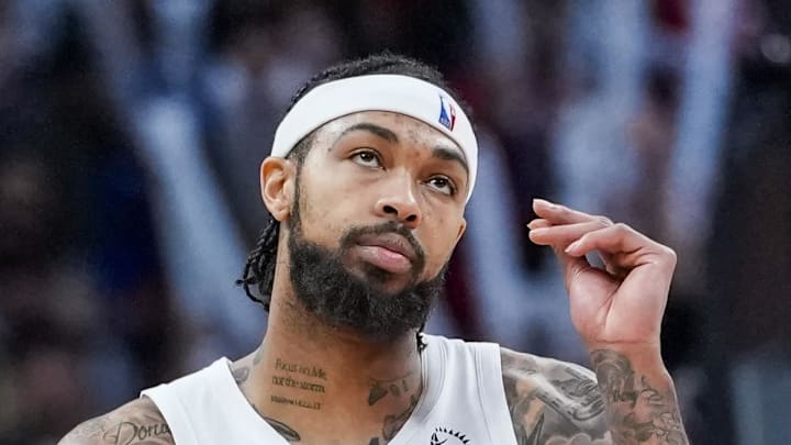 Toronto Raptors forward Brandon Ingram rubs his fingers together after scoring against the Brooklyn Nets.