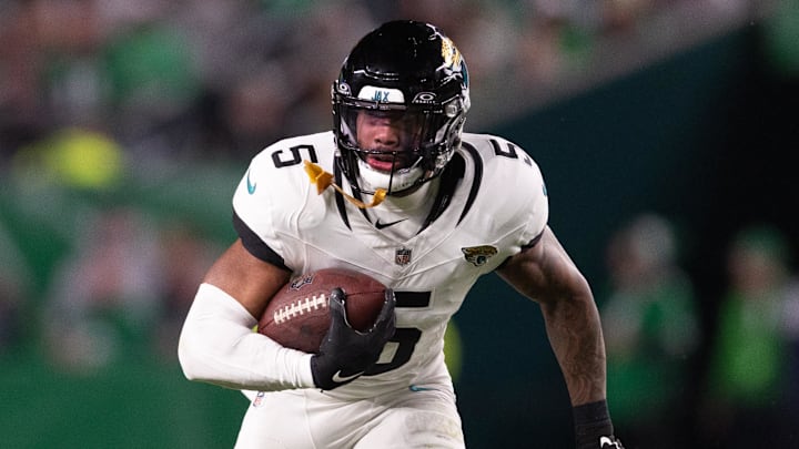 Nov 3, 2024; Philadelphia, Pennsylvania, USA; Jacksonville Jaguars safety Andre Cisco (5) in action against the Philadelphia Eagles at Lincoln Financial Field. Mandatory Credit: Bill Streicher-Imagn Images