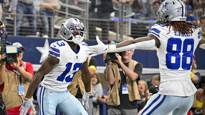 Oct 2, 2022; Arlington, Texas, USA; Dallas Cowboys wide receiver Michael Gallup (13) and wide